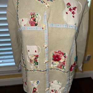 Vintage Storybook Knits Tea Time Floral Cardigan Whimsical Buttons Rare